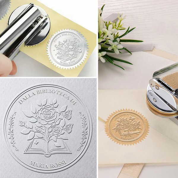 Timbro a secco personalizzato con nome e motivo floreale, timbro Ex Libris, popolare per libri e buste - Regalo di compleanno per chi ama leggere