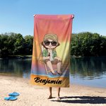 Personalized Retro Sunset Cartoon Character Quick Dry Oversized Beach Towel with Name Summer Travel Essentials Birthday Gift for Family Friends
