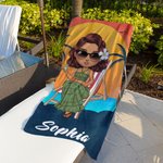Personalized Retro Sunset Cartoon Character Quick Dry Oversized Beach Towel with Name Summer Travel Essentials Birthday Gift for Family Friends