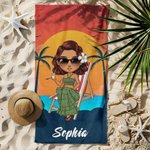 Personalized Retro Sunset Cartoon Character Quick Dry Oversized Beach Towel with Name Summer Travel Essentials Birthday Gift for Family Friends