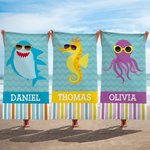 Personalized Cute Sea Creatures Sunglasses Stripe Quick Dry Oversized Beach Towel with Name Travel Essential Vacation Birthday Gift for Girls Boys