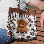 Personalized Highland Cow Large Tote Bag with Name and Long Handle Travel Graduation Birthday Gift for Highland Cow Lovers