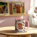 Personalised Cute Highland Cow Ceramic Coffee Mug with Name and Coaster Birthday Gift for Highland Cow Lover