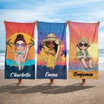 Personalized Retro Sunset Cartoon Character Quick Dry Oversized Beach Towel with Name Summer Travel Essentials Birthday Gift for Family Friends