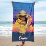 Personalized Retro Sunset Cartoon Character Quick Dry Oversized Beach Towel with Name Summer Travel Essentials Birthday Gift for Family Friends