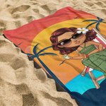 Personalized Retro Sunset Cartoon Character Quick Dry Oversized Beach Towel with Name Summer Travel Essentials Birthday Gift for Family Friends