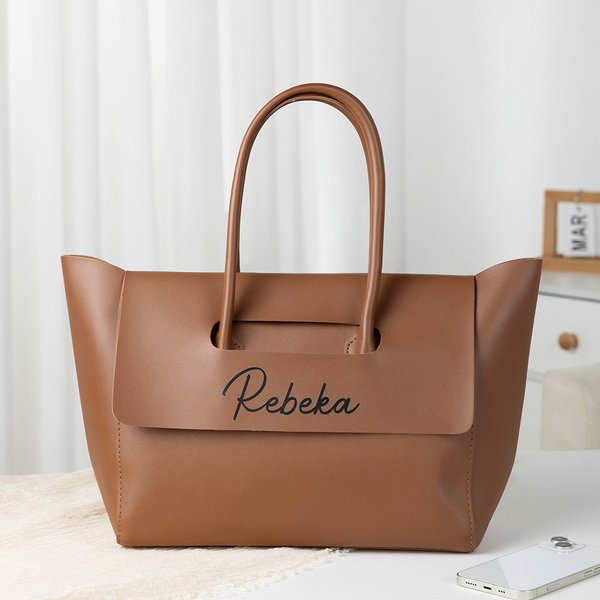 Personalized Minimalist Large Capacity PU Leather Tote Bag with Name Daily Commuter Outing Accessory Birthday Gift for Women
