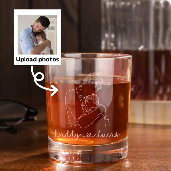 Personalised Engraved Line Portrait Photo 10 oz Whiskey Glass with Name Father's Day Birthday Gift for Man