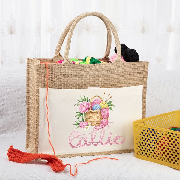 Personalised Floral Yarn Basket Canvas Pocket Jute Tote Bag with Name Birthday Gift for Crocheter Knitting Lovers