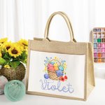 Personalised Floral Yarn Basket Canvas Pocket Jute Tote Bag with Name Birthday Gift for Crocheter Knitting Lovers