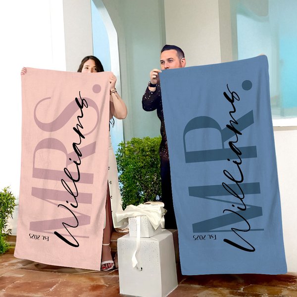 Henkilökohtainen herra ja rouva Set of 2 Matching Oversized Quick Dry Beach pyyhe sukunimi Honeymoon Travel häät lahja Newlyweds parit