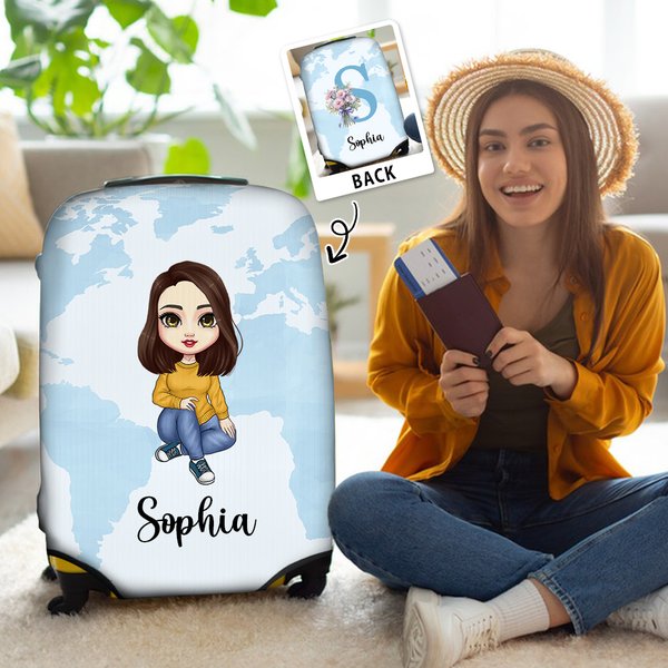 Personalised Birth Flower Bouquet World Map Cartoon 18-32 Inches Luggage Protective Cover with Initial and Name Birthday Travel Gift for Family Kids