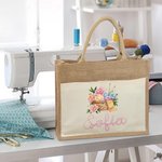 Personalised Floral Yarn Basket Canvas Pocket Jute Tote Bag with Name Birthday Gift for Crocheter Knitting Lovers