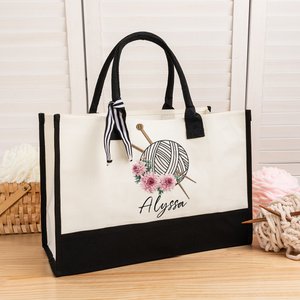 Personalized Birth Flower Knitting Needles Yarn Large Canvas Tote Bag with Name Travel Accessories Birthday Holiday Gift for Knitting Lovers