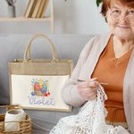 Personalised Floral Yarn Basket Canvas Pocket Jute Tote Bag with Name Birthday Gift for Crocheter Knitting Lovers