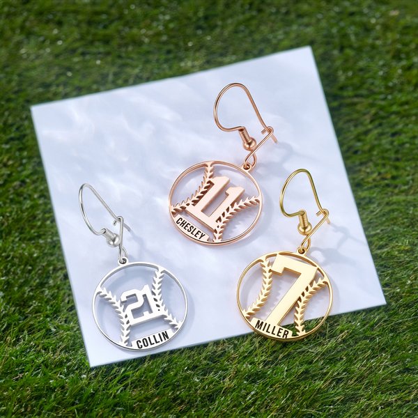 Personalised Baseball Silhouette Earrings with Number and Engraved Name Game Day Team Birthday Gift for Baseball Mom Athlete