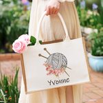 Personalized Birth Flower Knitting Needles Yarn Large Jute Tote Bag with Name Travel Accessories Birthday Holiday Gift for Knitting Lovers Women