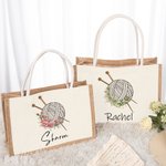 Personalized Birth Flower Knitting Needles Yarn Large Jute Tote Bag with Name Travel Accessories Birthday Holiday Gift for Knitting Lovers Women