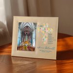 Personalized Floral Cross Bible Verse PU Leather Photo Frame with Name Text and Date Baptism First Communion Gift for Christian