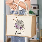 Personalized Birth Flower Knitting Needles Yarn Large Jute Tote Bag with Name Travel Accessories Birthday Holiday Gift for Knitting Lovers Women
