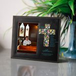 Personalized Floral Cross Bible Verse PU Leather Photo Frame with Name Text and Date Baptism First Communion Gift for Christian