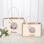Personalized Birth Flower Knitting Needles Yarn Large Jute Tote Bag with Name Travel Accessories Birthday Holiday Gift for Knitting Lovers Women