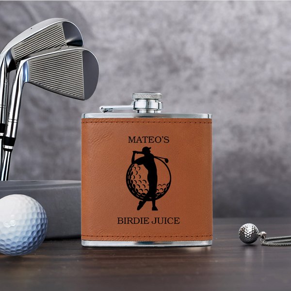 Personalised Birdie Juice Swing Golfer Portable PU Leather 6 oz Liquor Hip Flask with Name Father's Day Birthday Gift for Groomsmen Golf Lovers