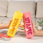 Personalized Multicolor Daisy Name 16 oz Matte Tumbler with Straw Travel Beach Party Accessories Birthday Gift for Women Girls