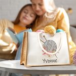 Personalized Birth Flower Knitting Needles Yarn Large Jute Tote Bag with Name Travel Accessories Birthday Holiday Gift for Knitting Lovers Women