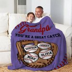 Personalized Baseball Glove 1-8 Names Multicolor Soft Throw Blanket with Title and Text Home Decor Birthday Gift for Baseball Lovers