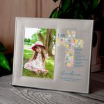 Personalized Floral Cross Bible Verse PU Leather Photo Frame with Name Text and Date Baptism First Communion Gift for Christian