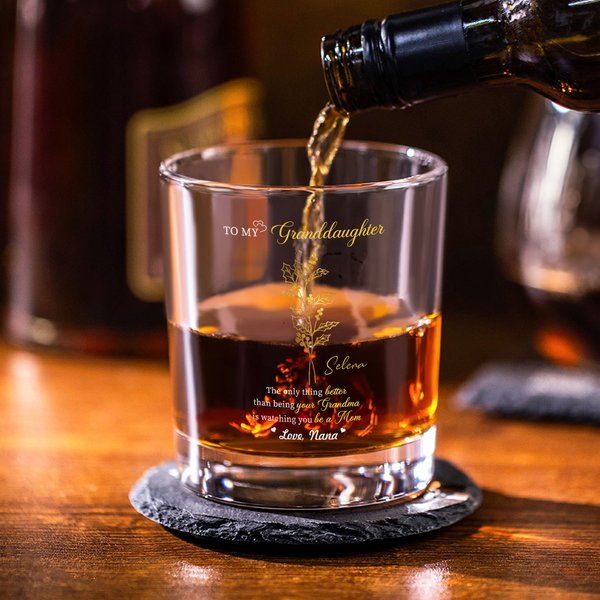 Fiore di nascita personalizzato da 10 once in vetro da whisky con nome e sottobicchiere in ardesia Regalo di compleanno per la festa del papà neonato per i bambini neopapà