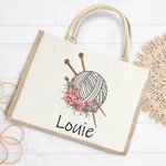 Personalized Birth Flower Knitting Needles Yarn Large Jute Tote Bag with Name Travel Accessories Birthday Holiday Gift for Knitting Lovers Women