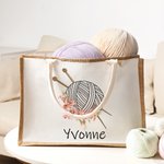 Personalized Birth Flower Knitting Needles Yarn Large Jute Tote Bag with Name Travel Accessories Birthday Holiday Gift for Knitting Lovers Women