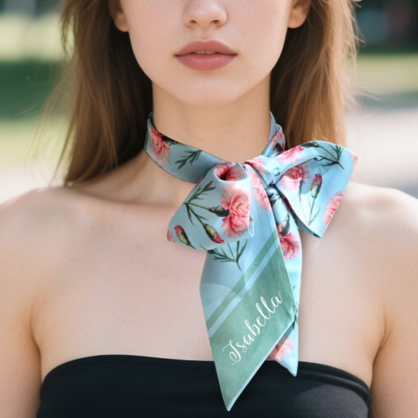 Personalisiertes Mehrfarbiges Geburtsblume Satin Halstuch Schal Handtasche-Schal mit Namen Urlaub Party Geburtstag Geschenk für Mädchen Damen
