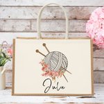 Personalized Birth Flower Knitting Needles Yarn Large Jute Tote Bag with Name Travel Accessories Birthday Holiday Gift for Knitting Lovers Women