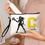 Personalized Lacrosse Player  Silhouette Cosmetic Bag with Initial Name and Wristband Match Day Birthday Gift for Lacrosse Lovers