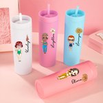 Personalisierte Geburt Blume Cartoon Urlaub Charakter 16 oz Pastell Becher mit Strohhalm und Name Beach Party Sommerurlaub Geschenk für Familie Freunde