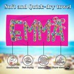 Serviette de plage surdimensionnée personnalisée avec nom floral multicolore à séchage rapide Vacances d'été Cadeau de fête pour les femmes qui aiment la natation