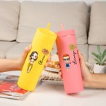 Personalisierte Geburt Blume Cartoon Urlaub Charakter 16 oz Pastell Becher mit Strohhalm und Name Beach Party Sommerurlaub Geschenk für Familie Freunde