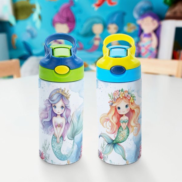 Personalisierte Fantasy Meerjungfrau Prinzessin 12 oz isolierte Wasserflasche mit Silikon-Strohhalm und Spill-Proof-Deckel zurück zu Schule Geburtstag Geschenk für Mädchen