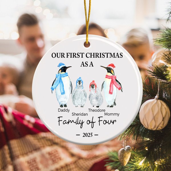 Personalized Cute Penguin Family Ceramic Ornament with 3-5 Names and Year Tree Decor Christmas Holiday Birthday Gift for Family Friends