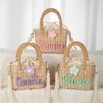 Borsetta a tracolla personalizzata in paglia intrecciata con fiore e nome fatta a mano fodera con coulisse regalo di compleanno o festa dei bambini
