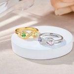 Personalised Zircon Infinity Double Heart Birthstones Ring with Engraved Names Valentine's Day Anniversary Birthday Gift for Women