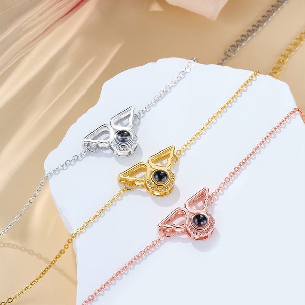 Personalized Dainty Zircon Angel Wings Photo Projection Bracelet Birthday Anniversary Memorial Gift for Women Loss of Loved One