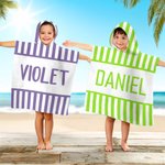 Toalla de playa con capucha para niños, personalizada, de rayas multicolores, de secado rápido, con nombre Fiesta en la playa Viaje Vacaciones Cumpleaños Regalo para niños