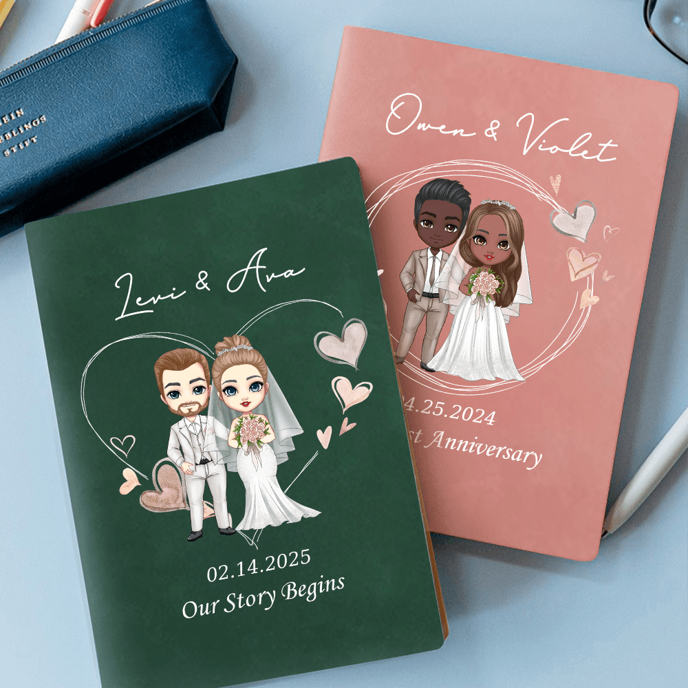 Personalized Cartoon Bride and Groom Our Story Begin Love Journal Notebook with Name and Wedding Date, Anniversary/Valentine's Day Gift for Couple