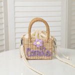 Borsetta a tracolla personalizzata in paglia intrecciata con fiore e nome fatta a mano fodera con coulisse regalo di compleanno o festa dei bambini