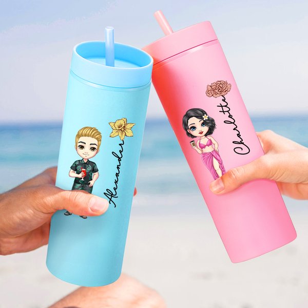 Personalized Birth Flower Cartoon Vacation Character 16 oz Pastel Tumbler with Straw and Name Beach Party Summer Vacation Gift for Family Friends