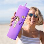 Personalisierte Geburt Blume Cartoon Urlaub Charakter 16 oz Pastell Becher mit Strohhalm und Name Beach Party Sommerurlaub Geschenk für Familie Freunde
